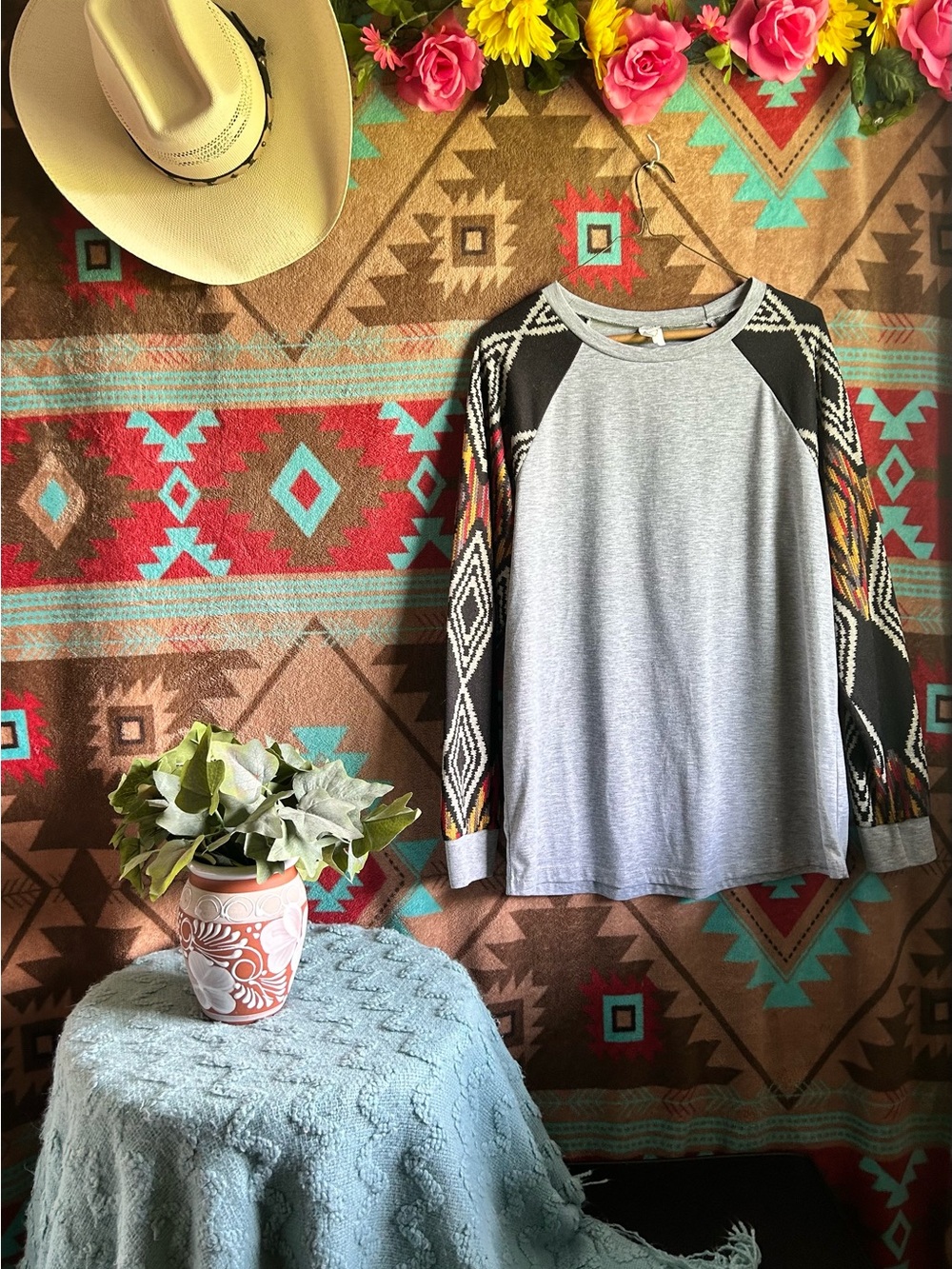 Women's Grey Raglan Top with Aztec Print Sleeves